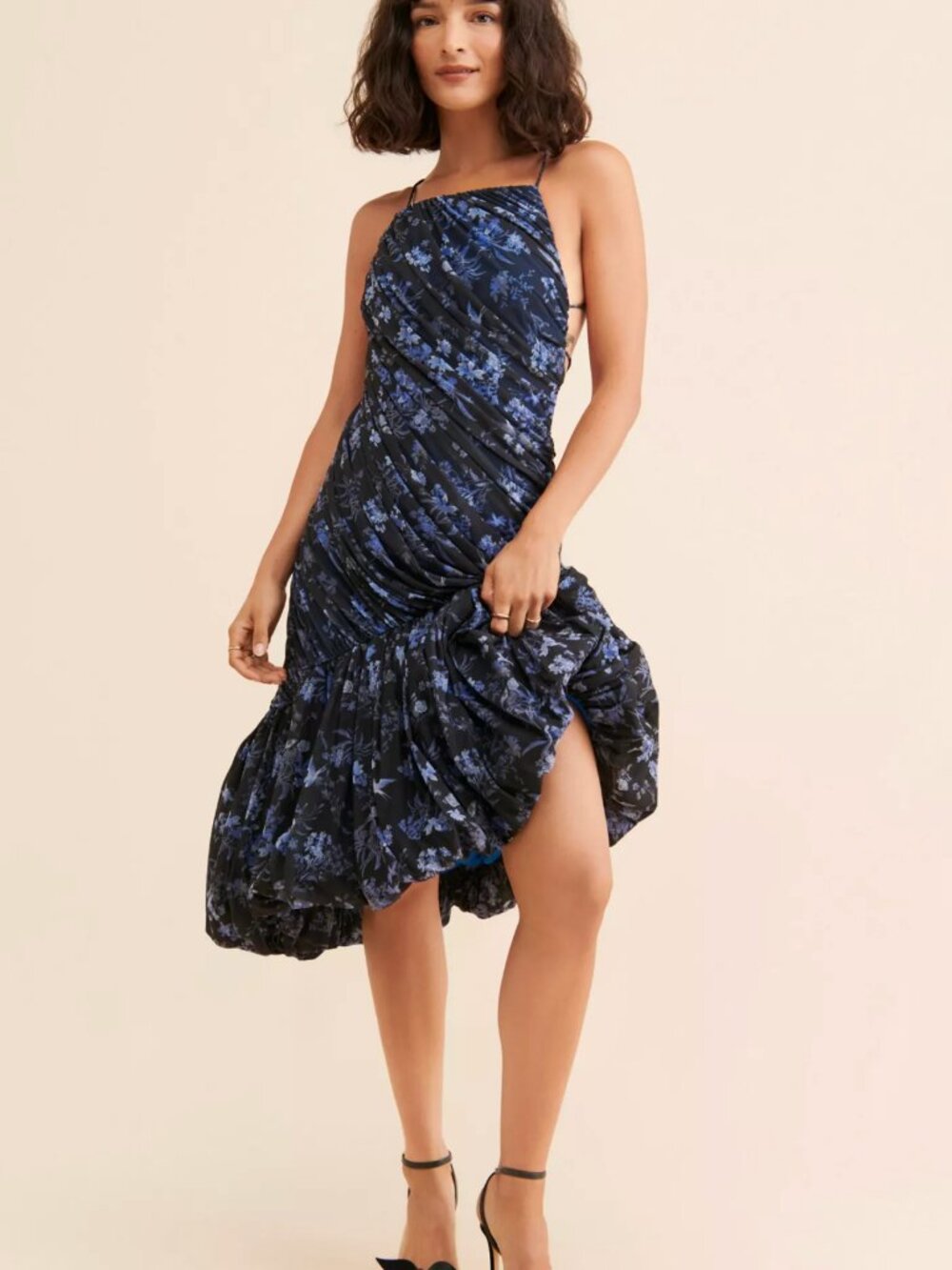 Let Me Be Blue Printed Asymmetrical Ruched Polyester Midi Dress Sz XS Boho Chic